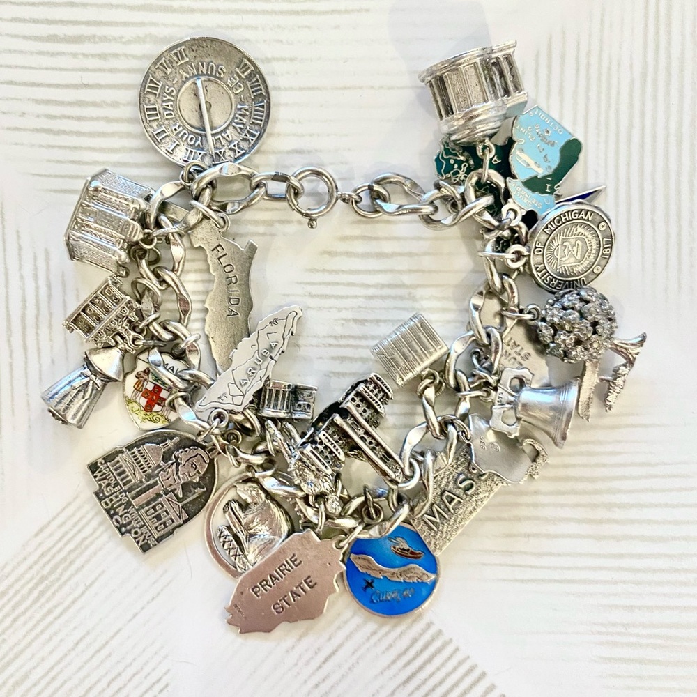 Vintage Sterling Silver 925 Charm Bracelet w/ Travel Souvenirs